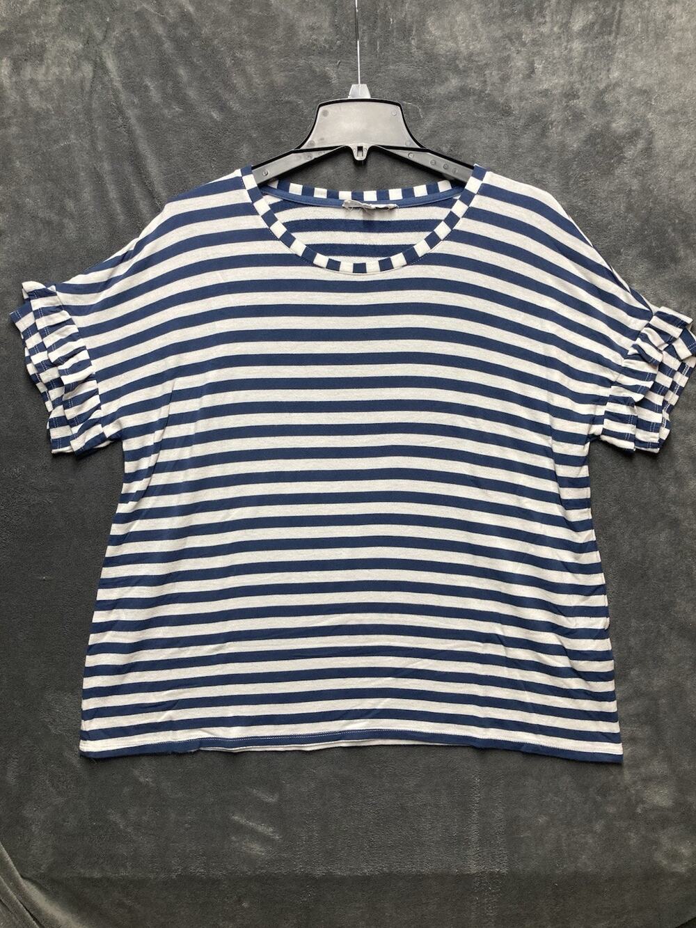 Jane + Delancey Ruffle Sleeve Blue White Striped Shirt Nautical Coastal Chic XL